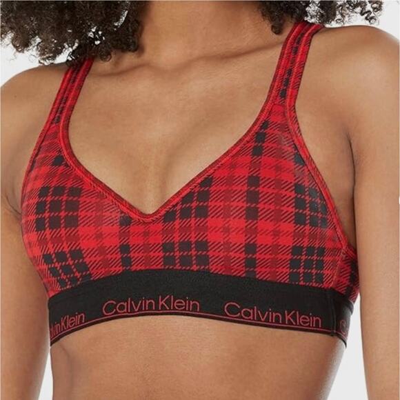 Calvin Klein Bralette Womens Medium Red Black Tartan Plaid Lightly Lined Modern - Picture 1 of 9